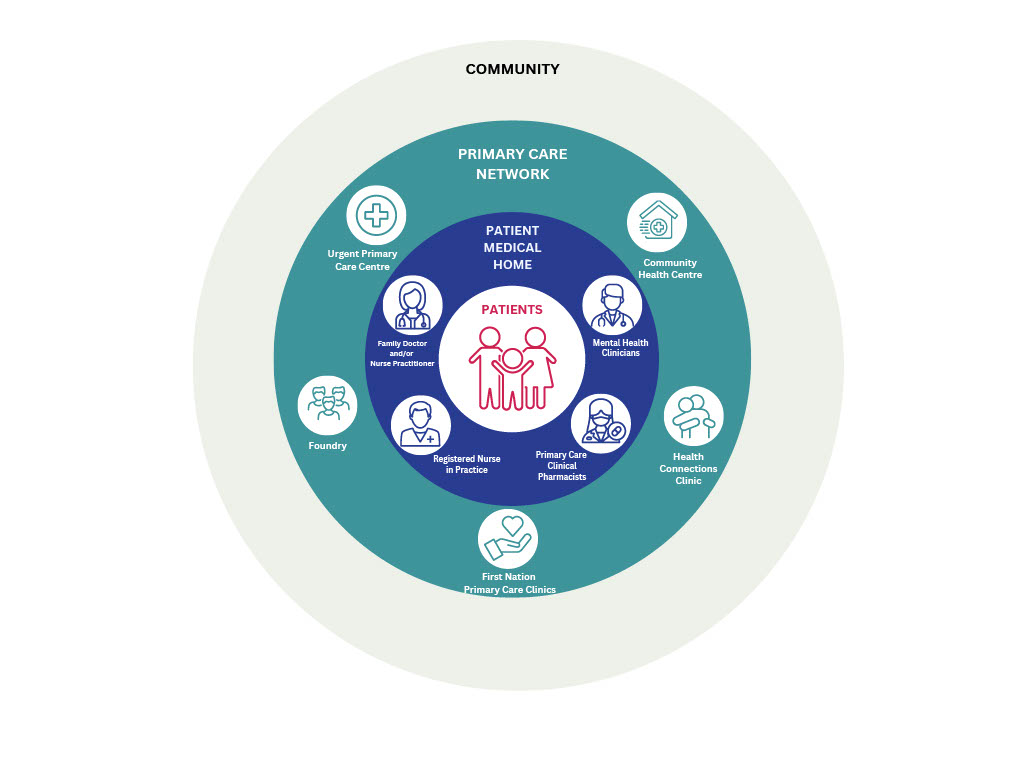 PCN Circle Diagram depicts the community of primary caregivers wrapped round the patient.